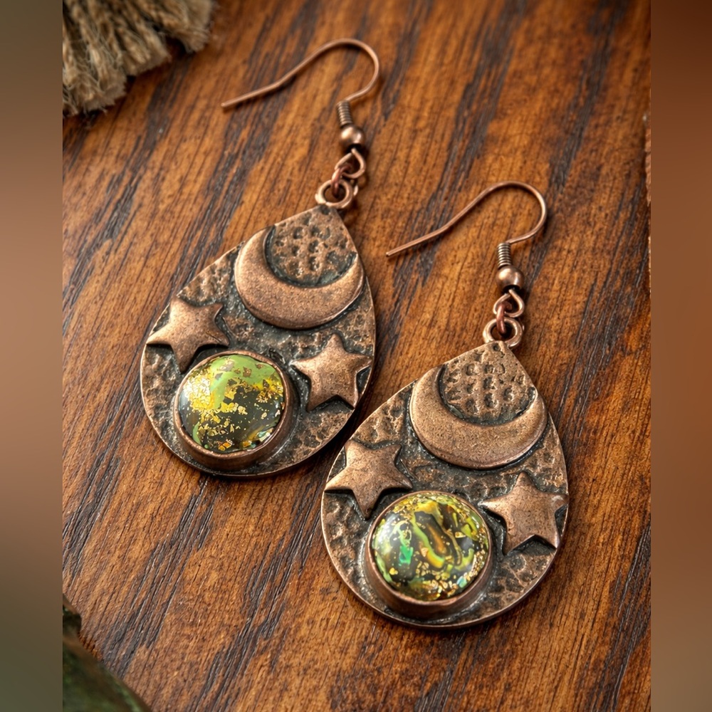 Handmade Copper Moon & Star Earrings | Boho Celestial Statement Jewelry